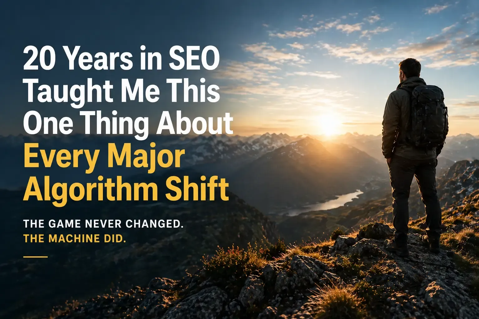 Hiker standing on a mountain summit at sunrise — 20 Years in SEO Taught Me This One Thing About Every Major Algorithm Shift