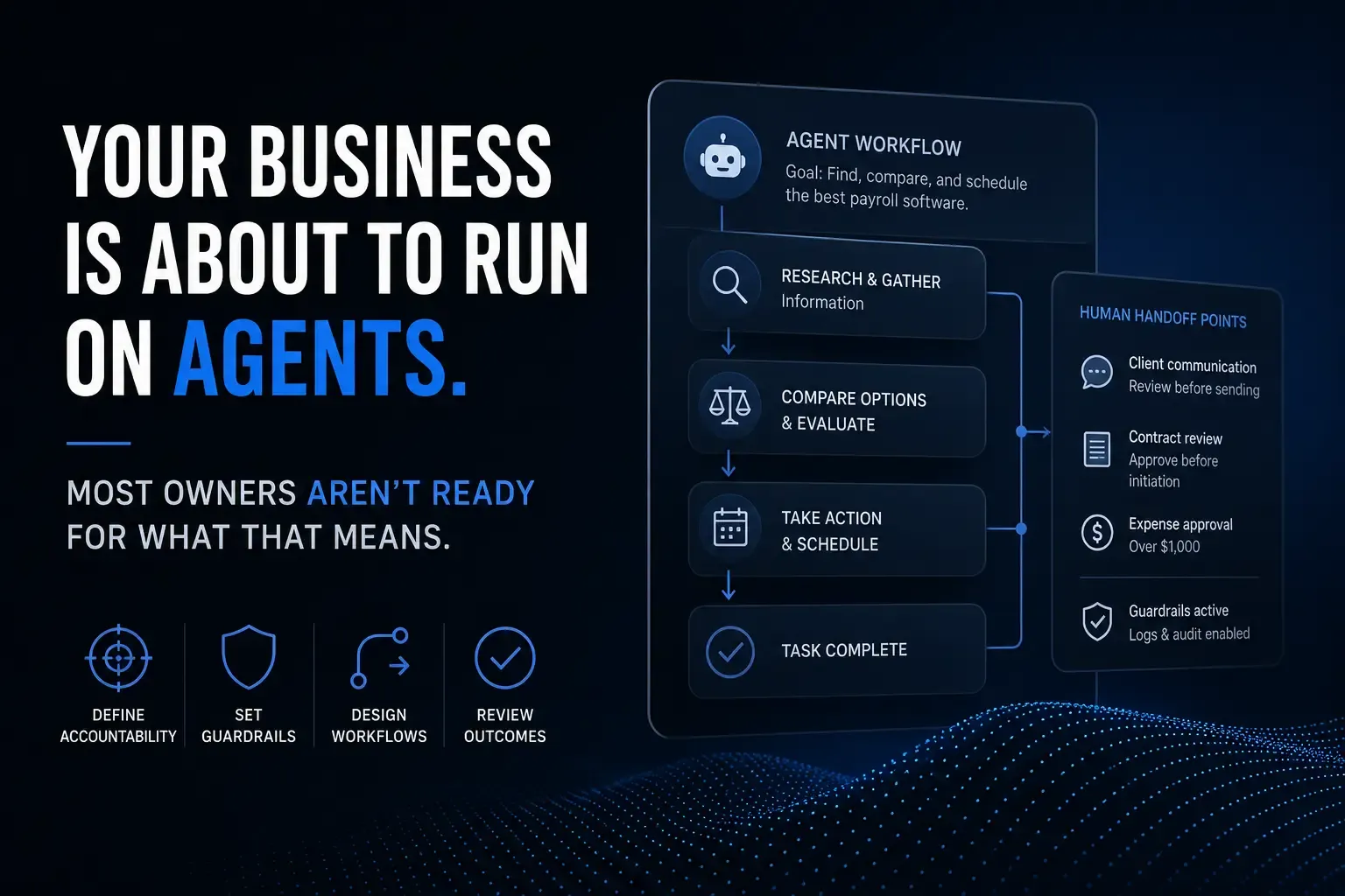 Business owner reviewing an AI agent workflow on a laptop — agentic AI strategic guide for business owners