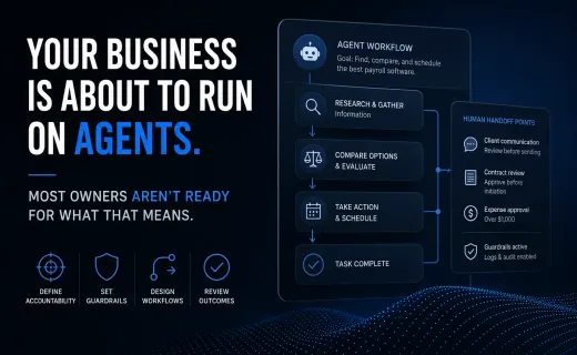 Business owner reviewing an AI agent workflow on a laptop — agentic AI strategic guide for business owners