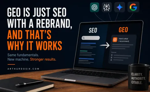 Generative engine optimization explained: laptop showing a Google search result alongside a ChatGPT-style AI answer with cited sources