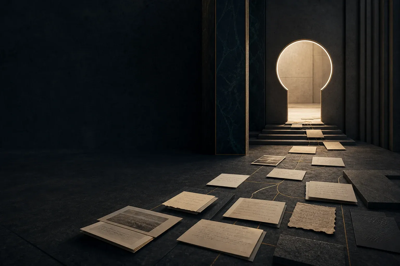 A dark editorial archive of customer review cards forming a clear evidence path toward a warm-lit search doorway