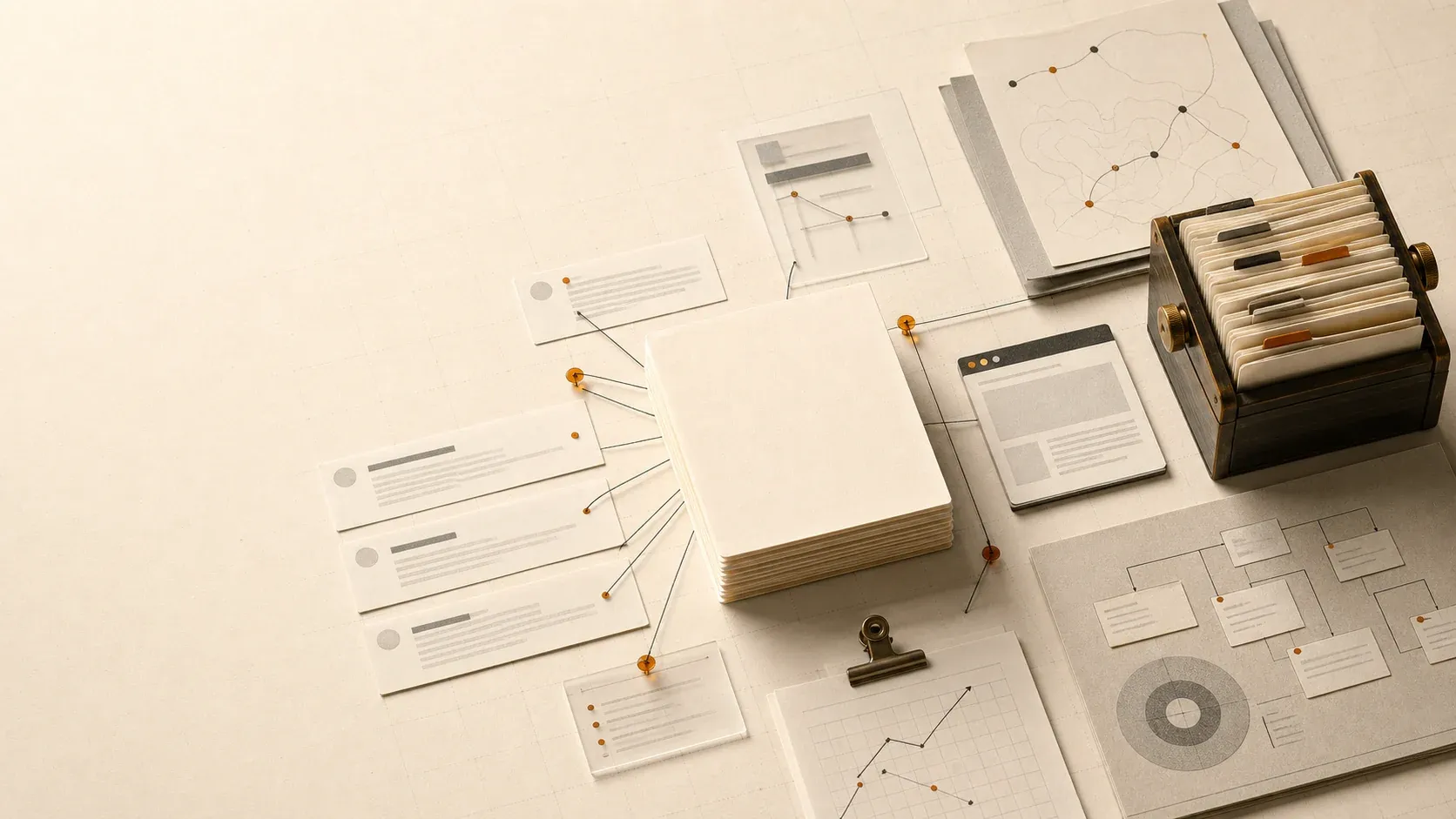 Editorial evidence desk with page stacks, browser cards, citation pins, and route lines for a GEO audit process