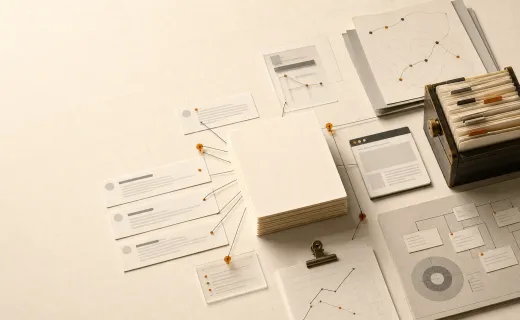 Editorial evidence desk with page stacks, browser cards, citation pins, and route lines for a GEO audit process