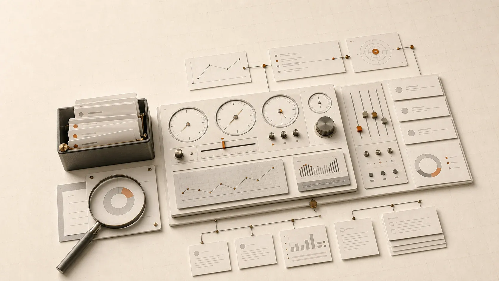 Paper instrument panel with ranking dials, citation meters, charts, and report cards for measuring GEO performance