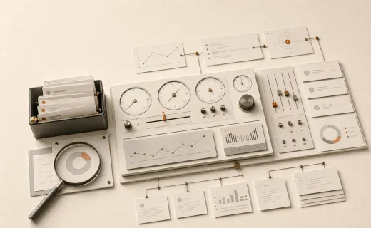 Paper instrument panel with ranking dials, citation meters, charts, and report cards for measuring GEO performance