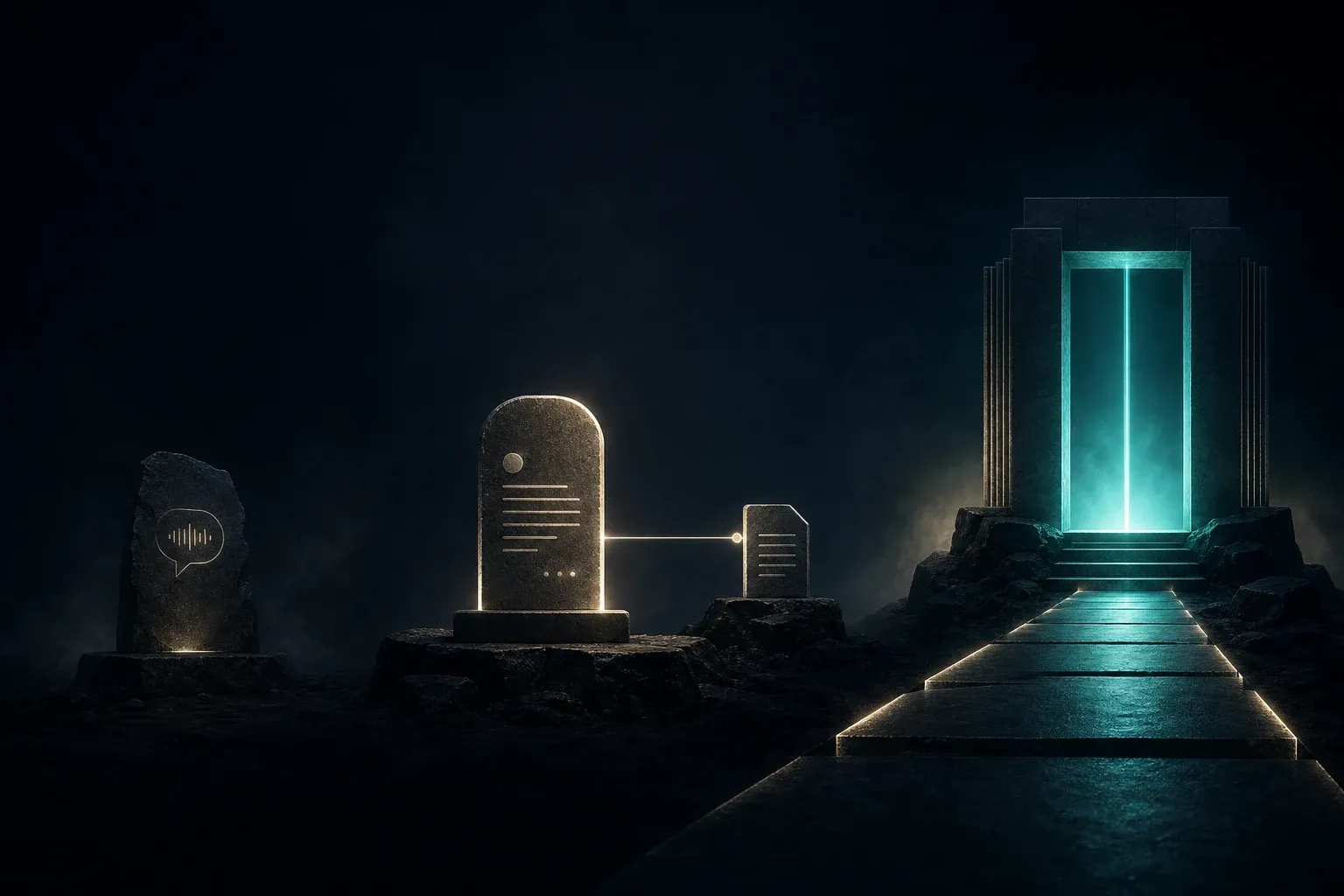 Three stages of AI visibility shown as a glowing speech marker, a cited source tablet, and a teal-lit recommendation path