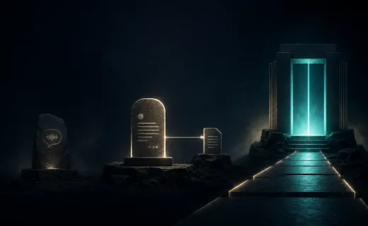 Three stages of AI visibility shown as a glowing speech marker, a cited source tablet, and a teal-lit recommendation path