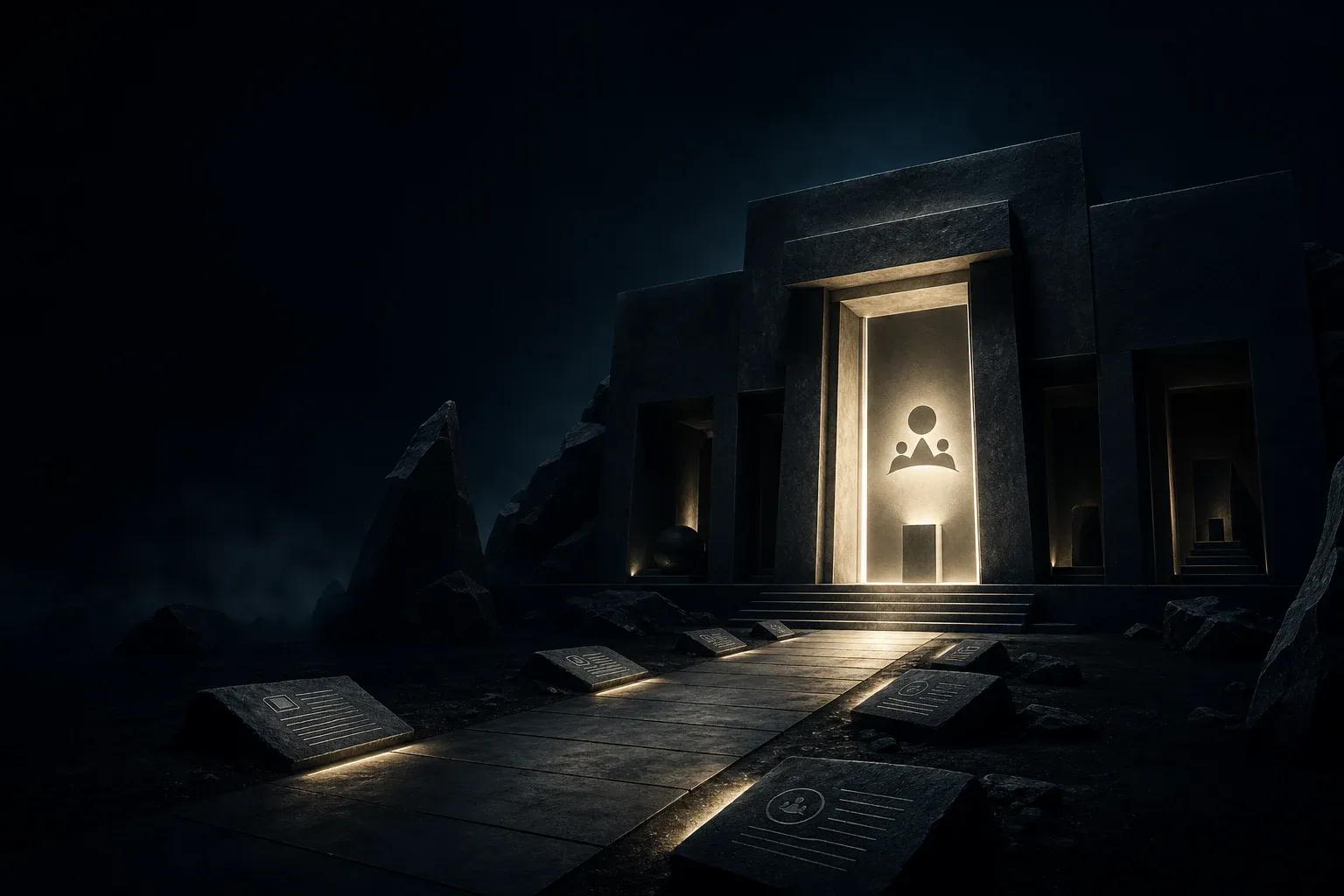 A dark architectural homepage doorway with a clear illuminated center and several unlit paths representing what AI search can and cannot learn from a website homepage