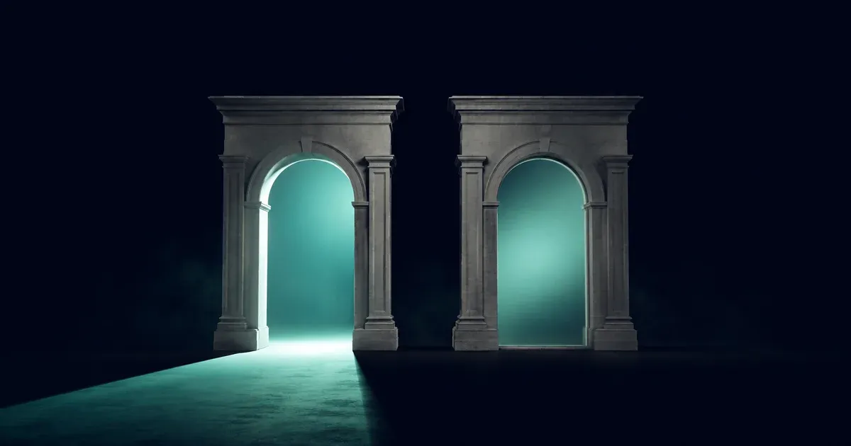 Two identical stone archways in a dark void: one open with teal light pouring through, the other sealed by frosted glass with the same light glowing dimly behind it
