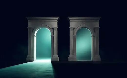 Two identical stone archways in a dark void: one open with teal light pouring through, the other sealed by frosted glass with the same light glowing dimly behind it