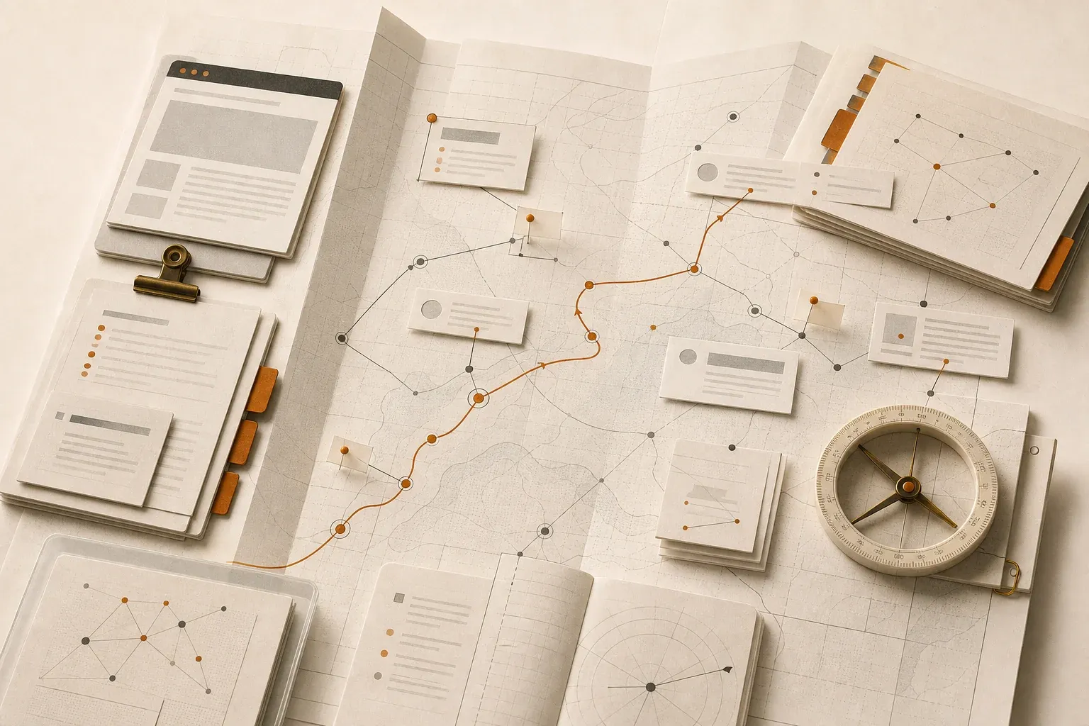 Paper atlas of website pages, citation pins, route lines, and index cards representing a curated llms.txt map