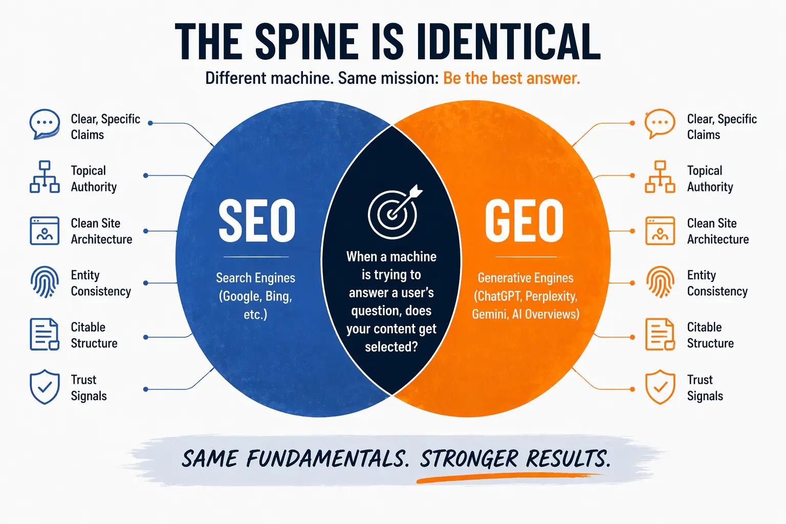 Venn diagram of SEO (search engines: Google, Bing) and GEO (generative engines: ChatGPT, Perplexity, Gemini, AI Overviews) overlapping on the same fundamentals, captioned "Same fundamentals. Stronger results."