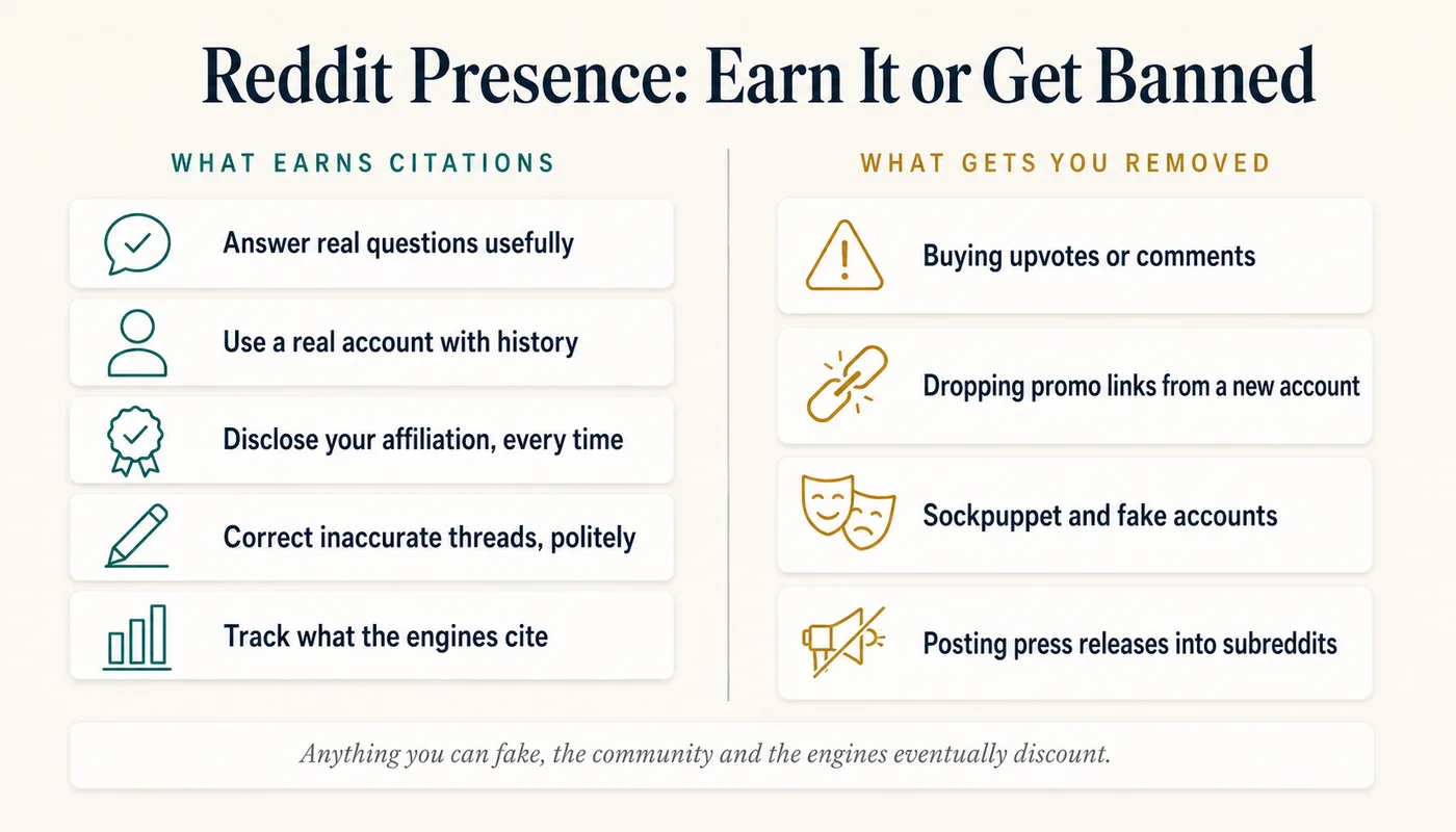 Two-column comparison of Reddit behavior: what earns AI citations (answer real questions, use a real account, disclose affiliation, correct inaccurate threads, track what engines cite) versus what gets you removed (buying upvotes, dropping promo links, sockpuppet accounts, posting press releases)