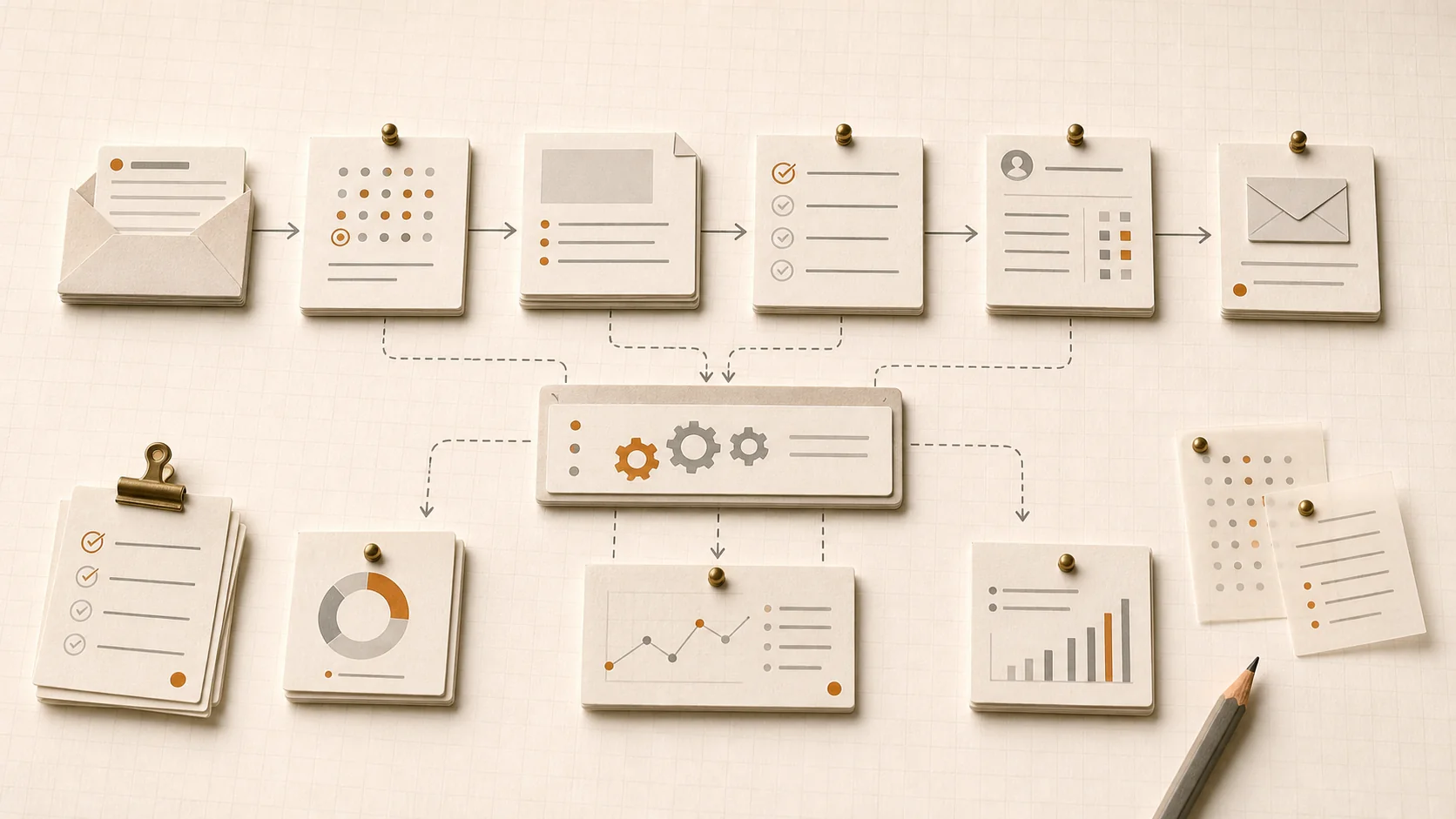 Paper operations flow cards connected from intake through review, updates, follow-up, and monitoring