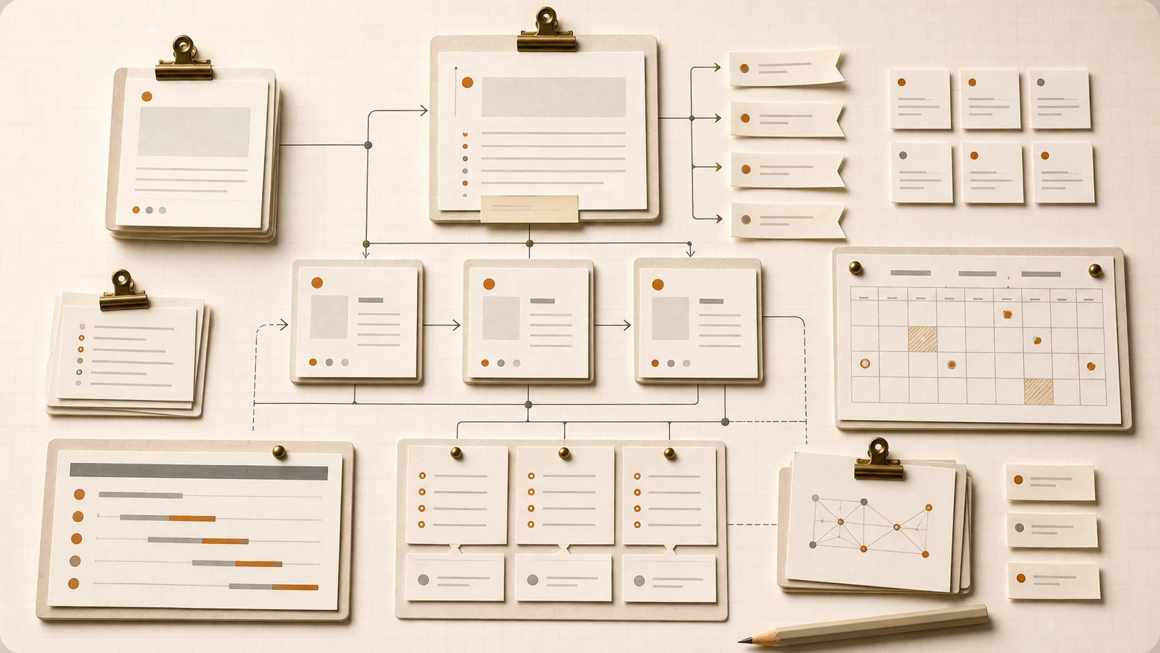 Paper content strategy map with pillar pages, FAQ slips, glossary cards, citation flags, and editorial calendar