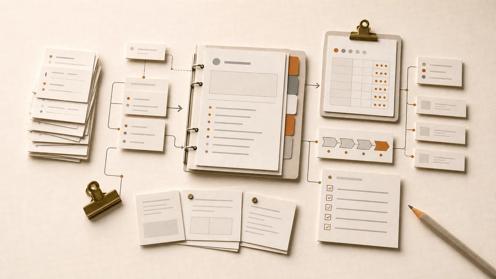 Paper prompt cards flowing into a documented prompt library, evaluation rubric, and model selection tabs