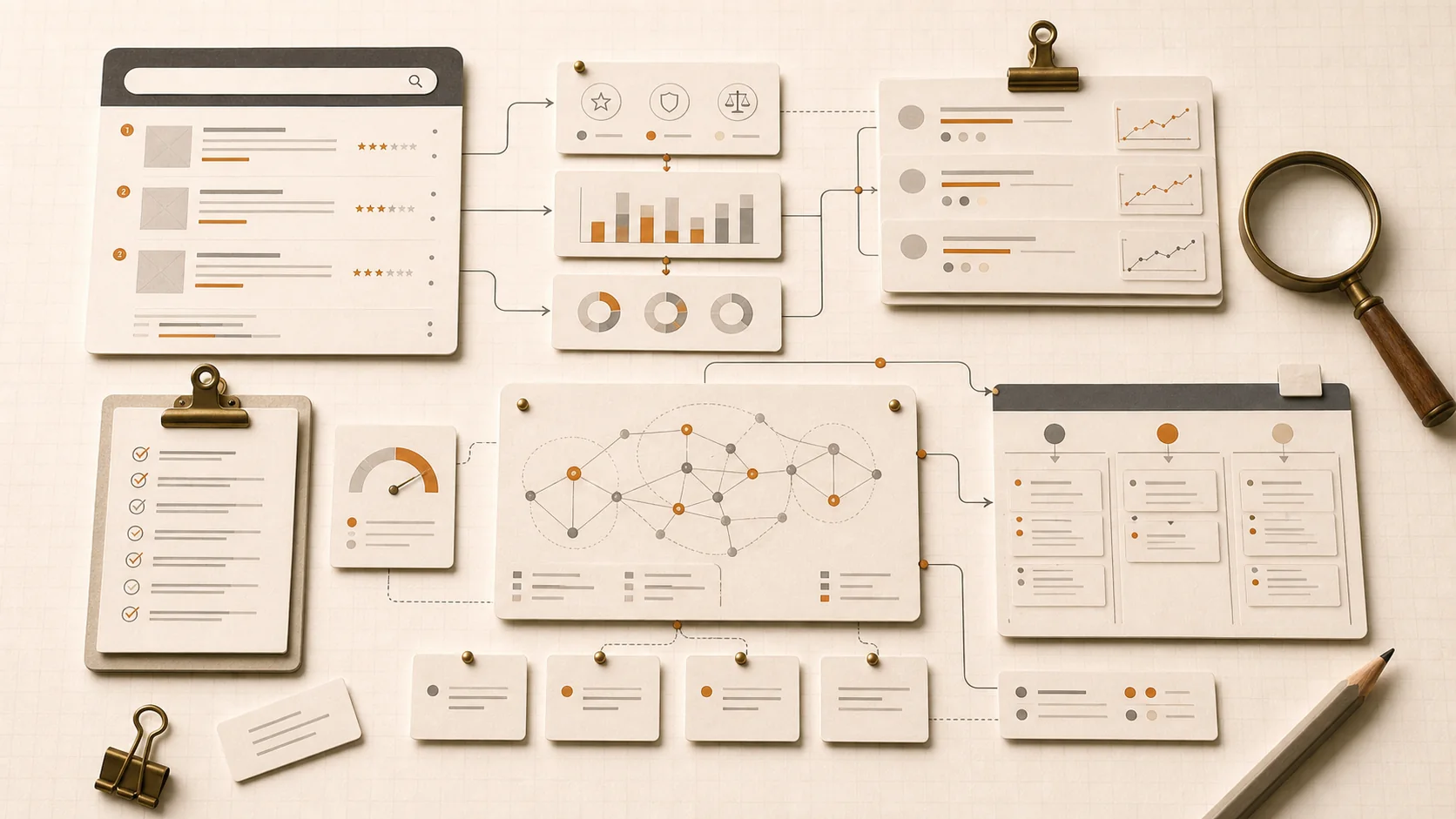 Paper search visibility audit board with citation slips, ranking cards, entity map nodes, and a roadmap