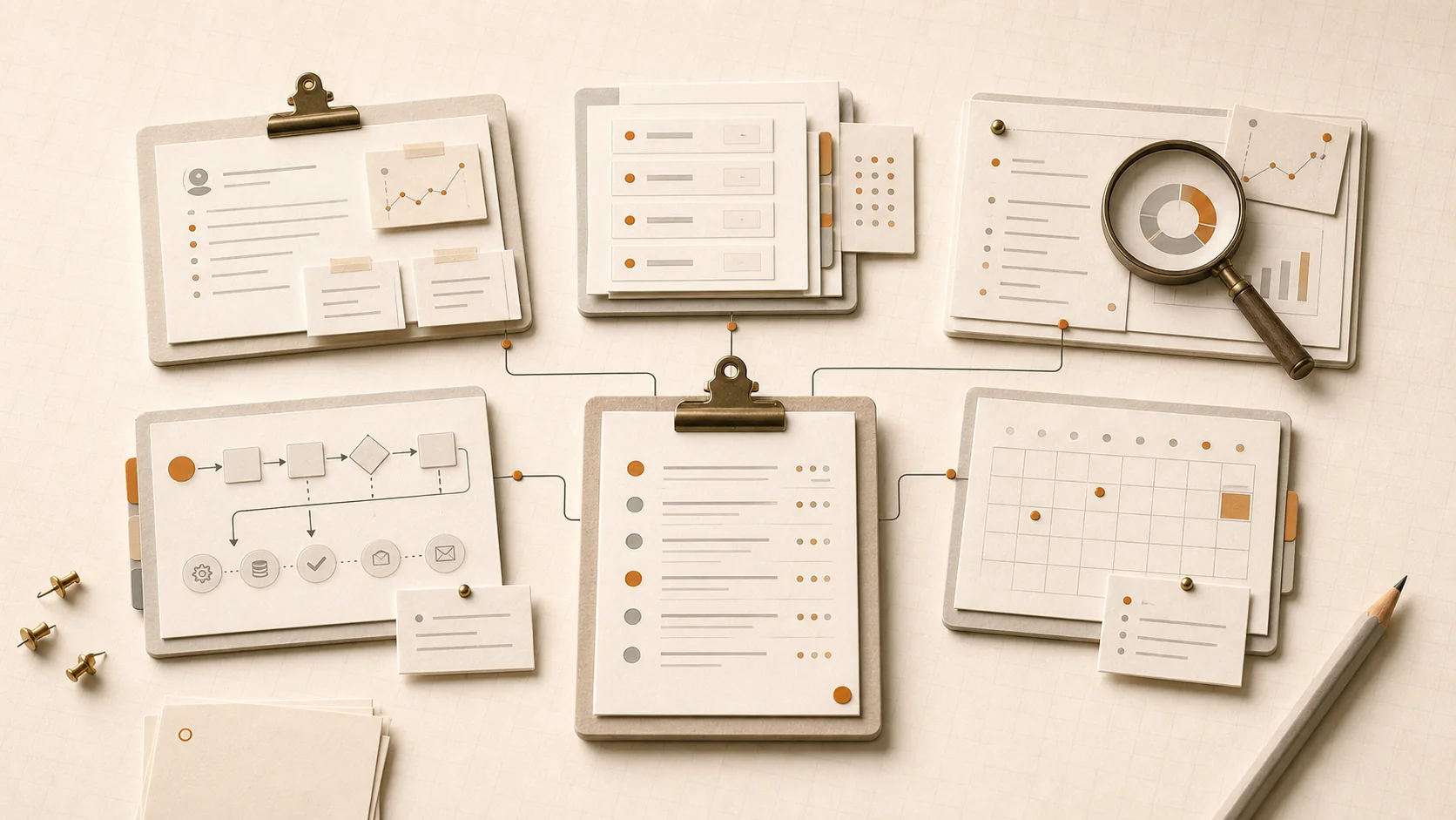 Paper service cards connected into a consulting roadmap with audit, prompt, workflow, coaching, and content artifacts