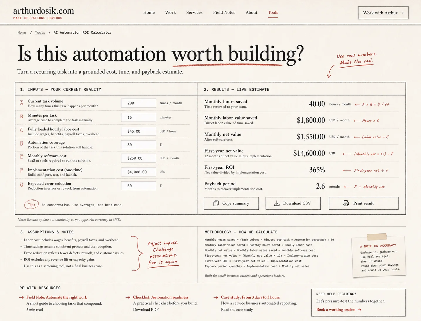 Editorial ROI worksheet with automation inputs, time savings, net value, and payback calculations