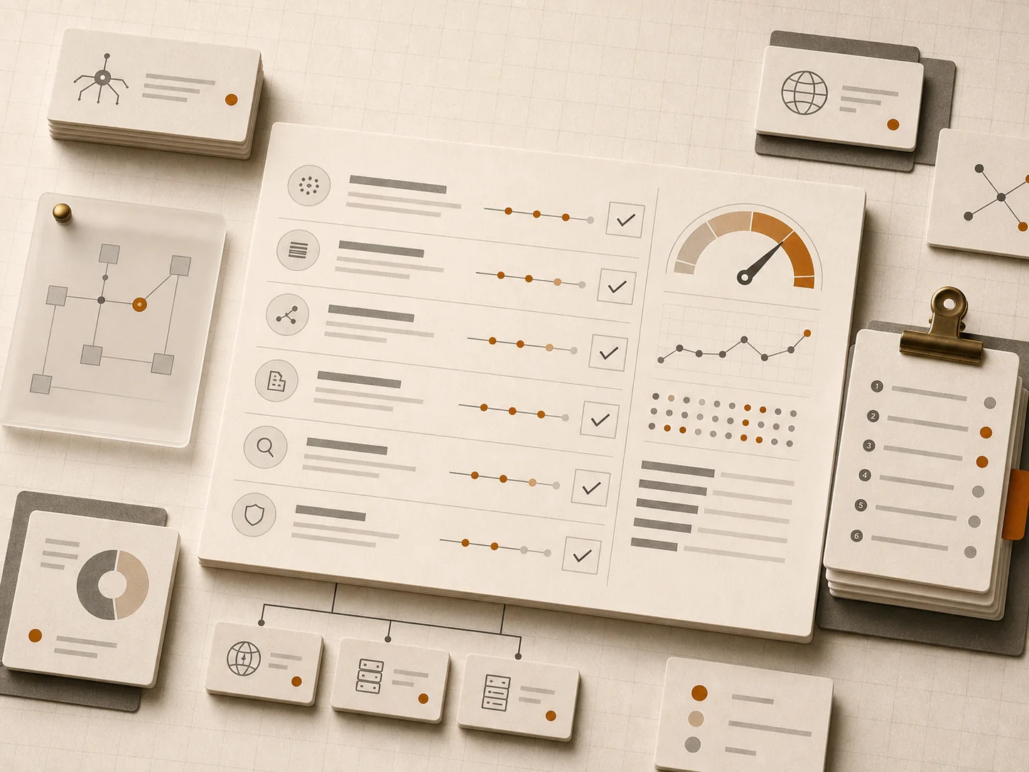 A scorecard sheet with signal rows, technical checks, and a prioritized readiness gauge