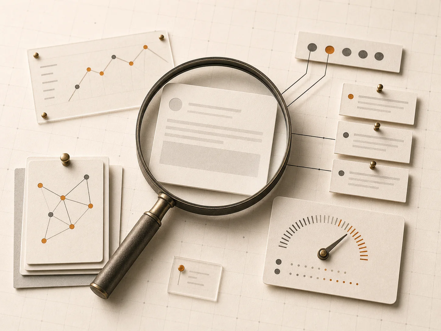A magnifying glass over an answer card with brand mention markers and citation signals