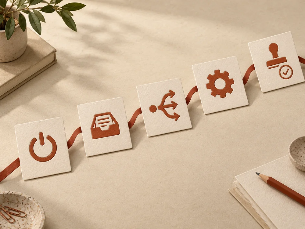 Connected paper cards illustrating a workflow and review checkpoint