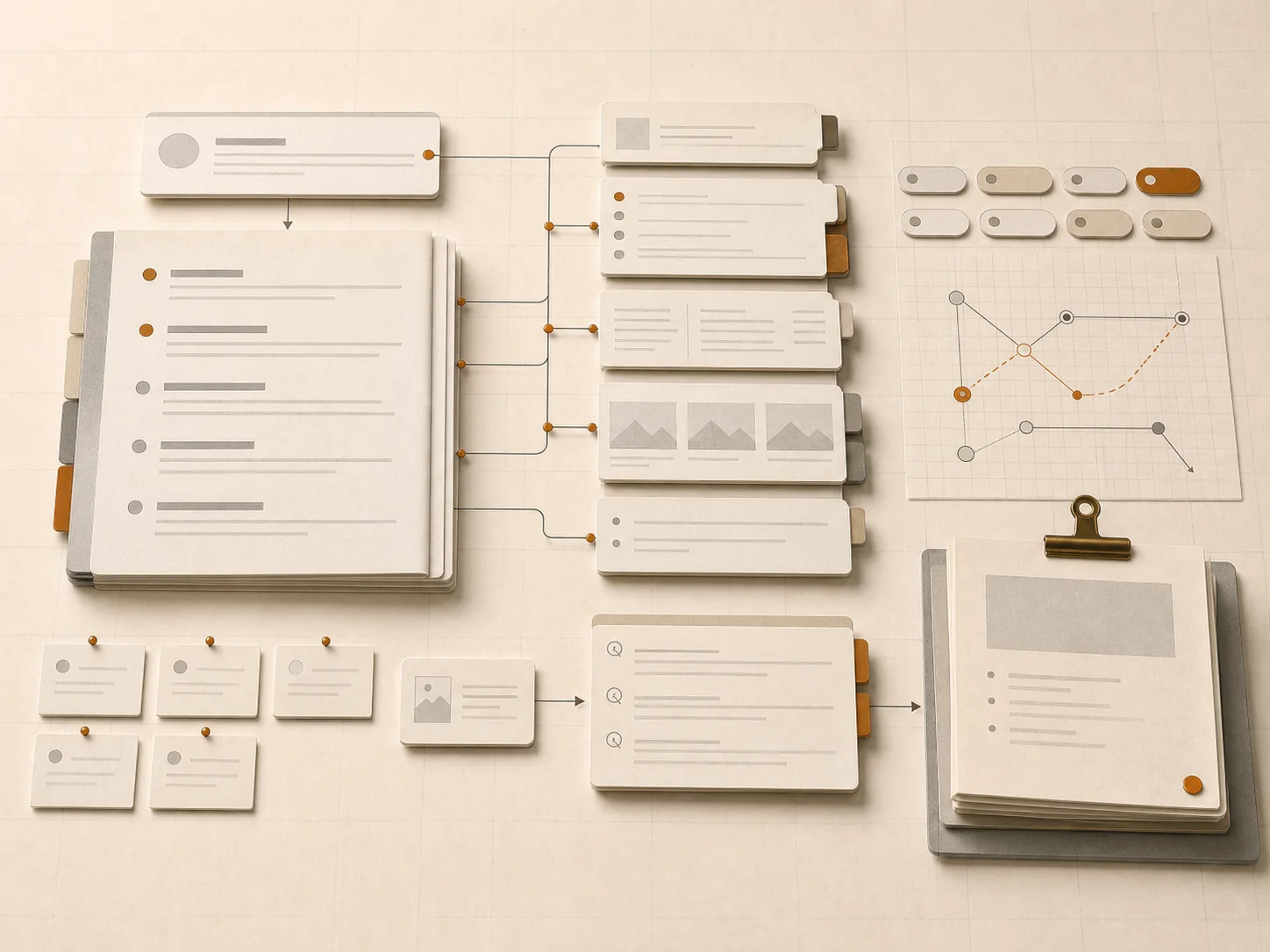 A content brief packet with outline cards, entity chips, FAQ notes, and internal link routes