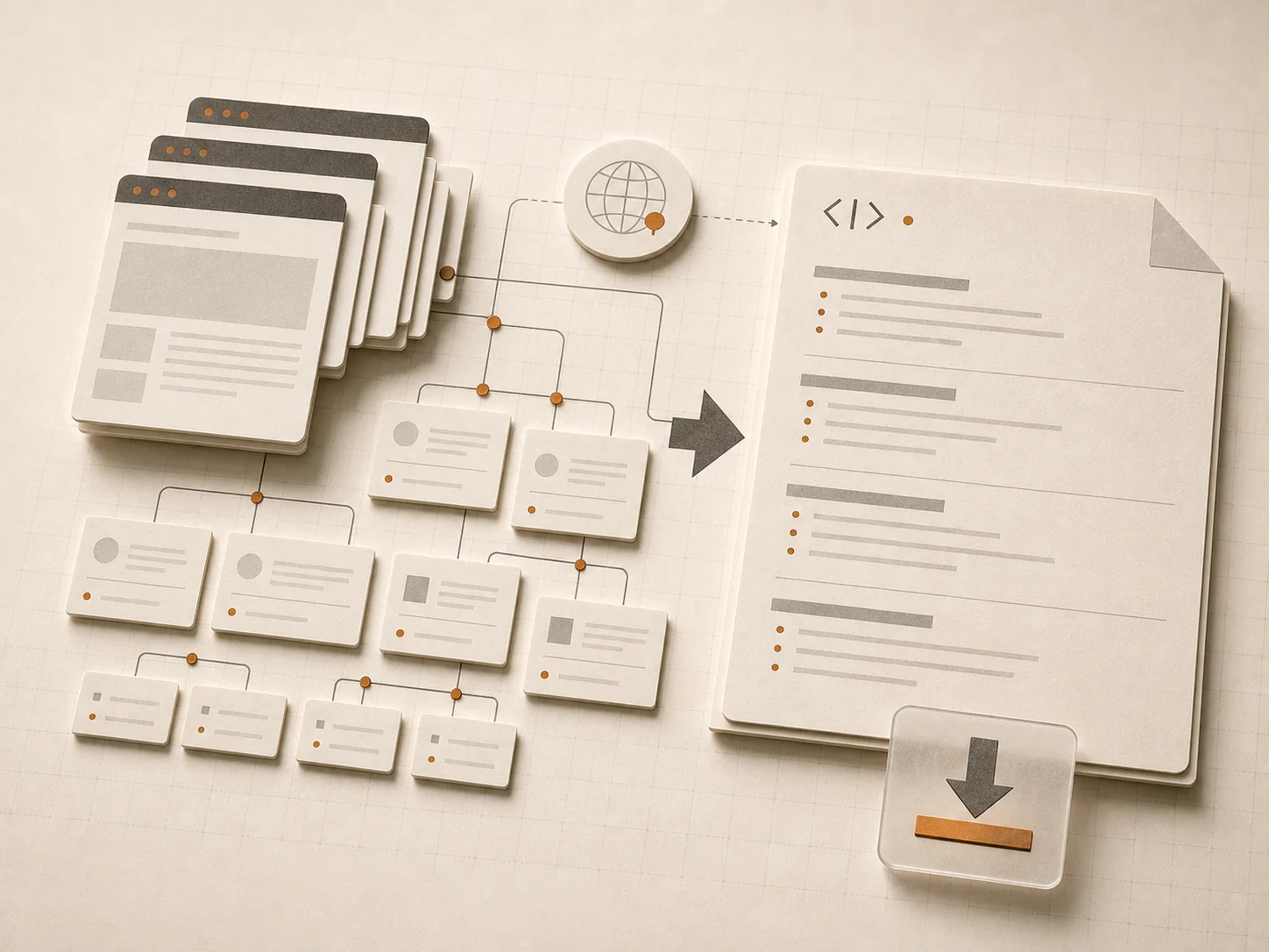 Website page cards and sitemap nodes flowing into a clean llms.txt document