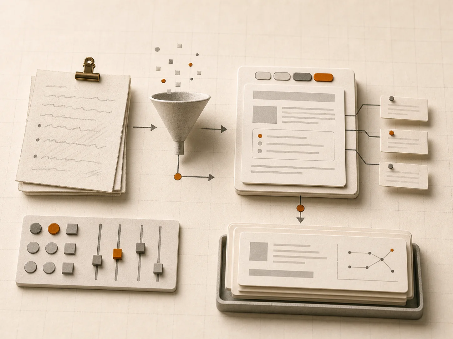 A rough prompt card moving through a refinement funnel into a structured prompt document