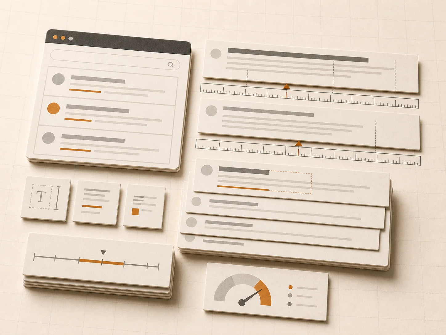 Search preview cards with title and meta description rulers, variants, and a click-through gauge