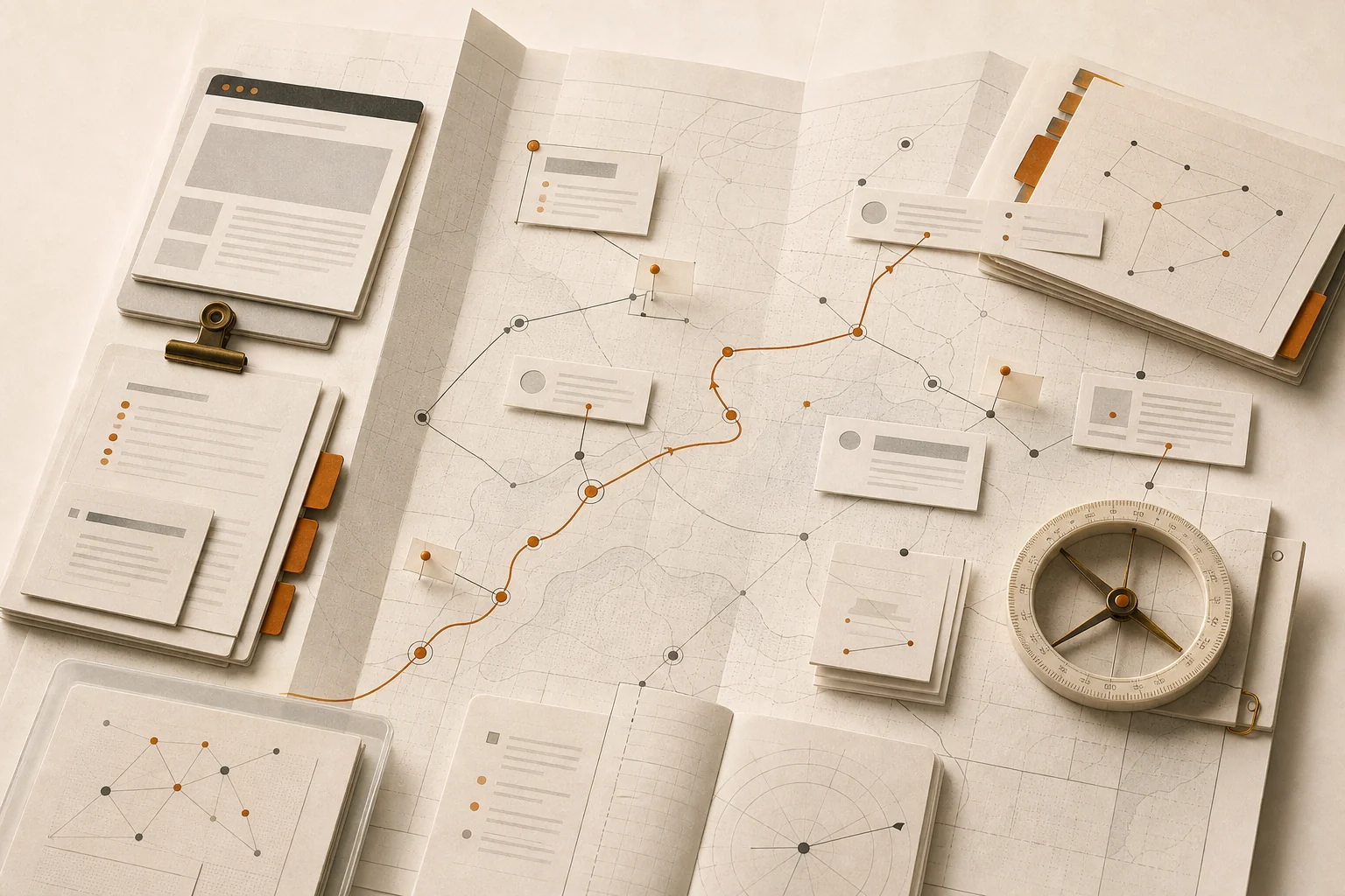 Paper atlas of web pages, citation pins, route lines, and answer paths