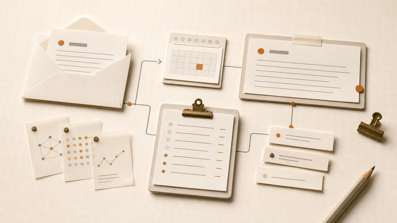 Paper message card, calendar slot, reply note, checklist, and source slips connected in a consultation workflow
