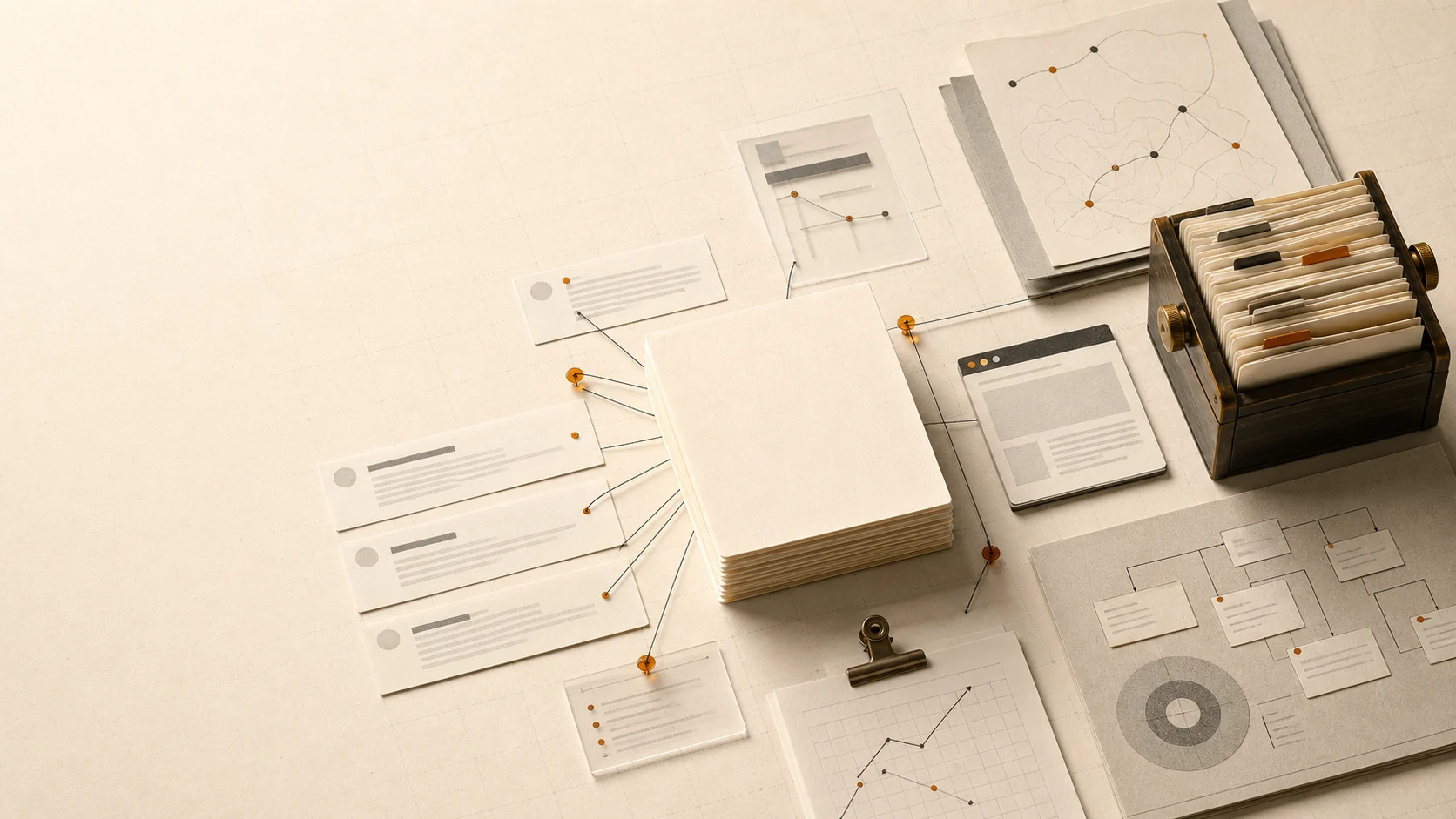 Editorial desk with blank document cards, citation pins, generated-file sheets, and route lines