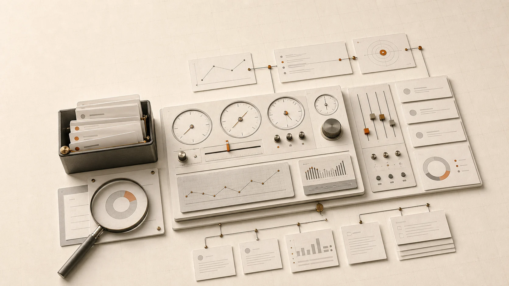 Warm paper instrument panel with ranking dials, citation meters, report cards, and source indicators